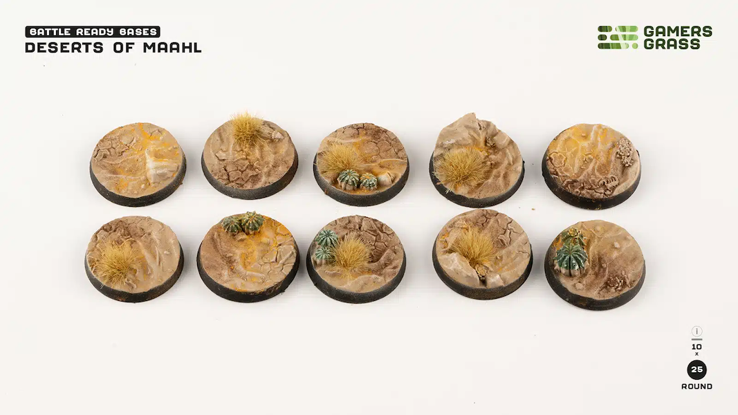 Deserts of Maahl Bases, Round 25mm (x10) - Gamers Grass