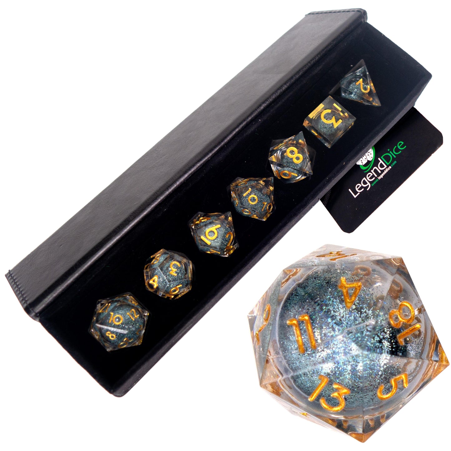 Liquid Core Dice in Case - Glitter Silver (Gold)