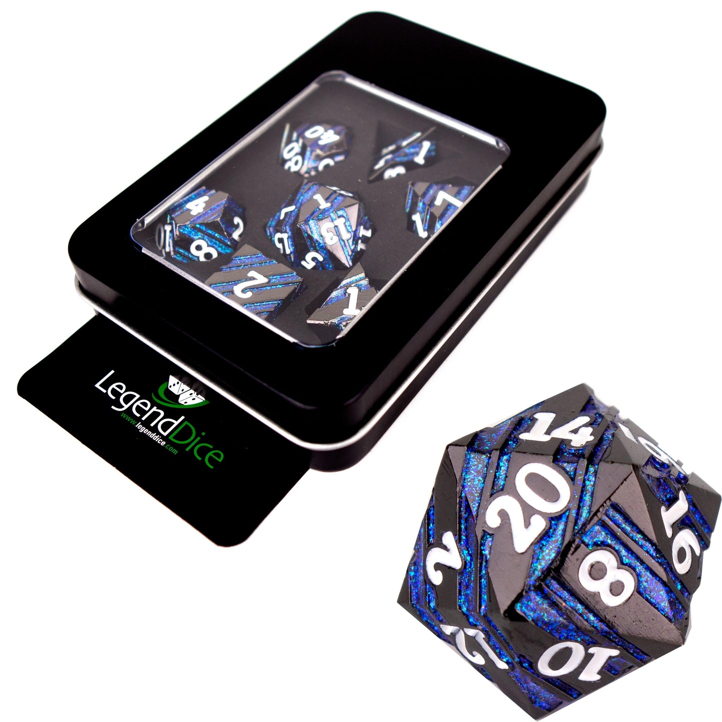 Poly Dice Set - Metal - Strata Black with Blue, Display Tin