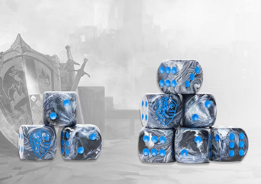 Conquest Hundred Kingdoms Logo on Steel Grey Marbled Dice