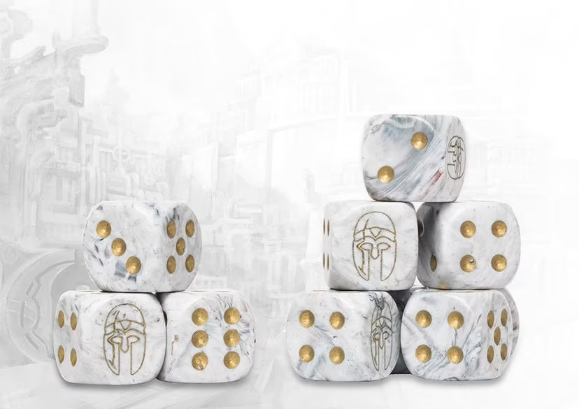 Conquest City States Logo on Light Grey Marbled Dice