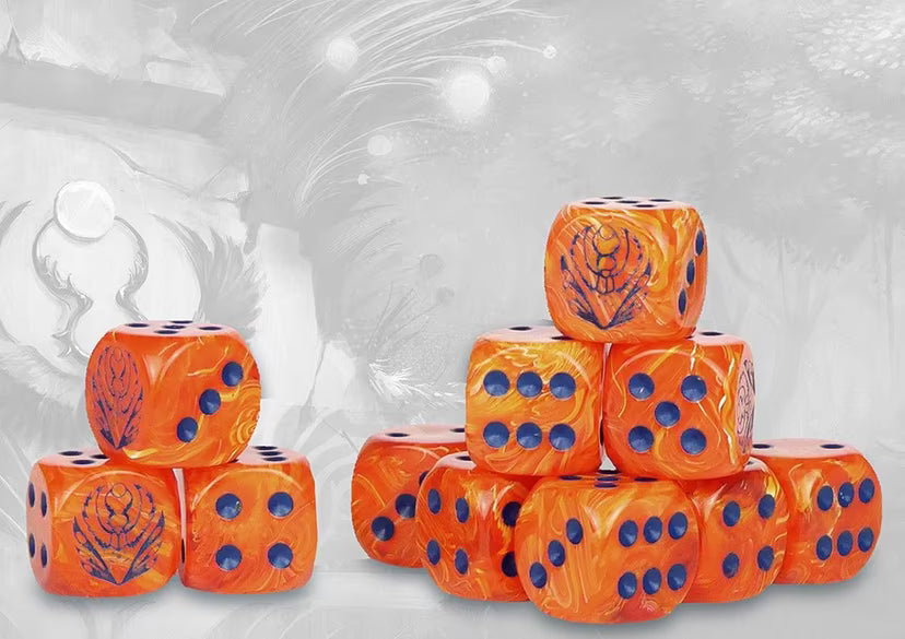 Weaver Courts Logo on Peach Marbled Dice with Navy Blue Pips - Conquest