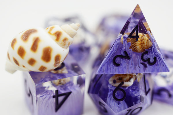 Purple Coral & Sea Snail Sharp Edge Resin RPG Dice Set