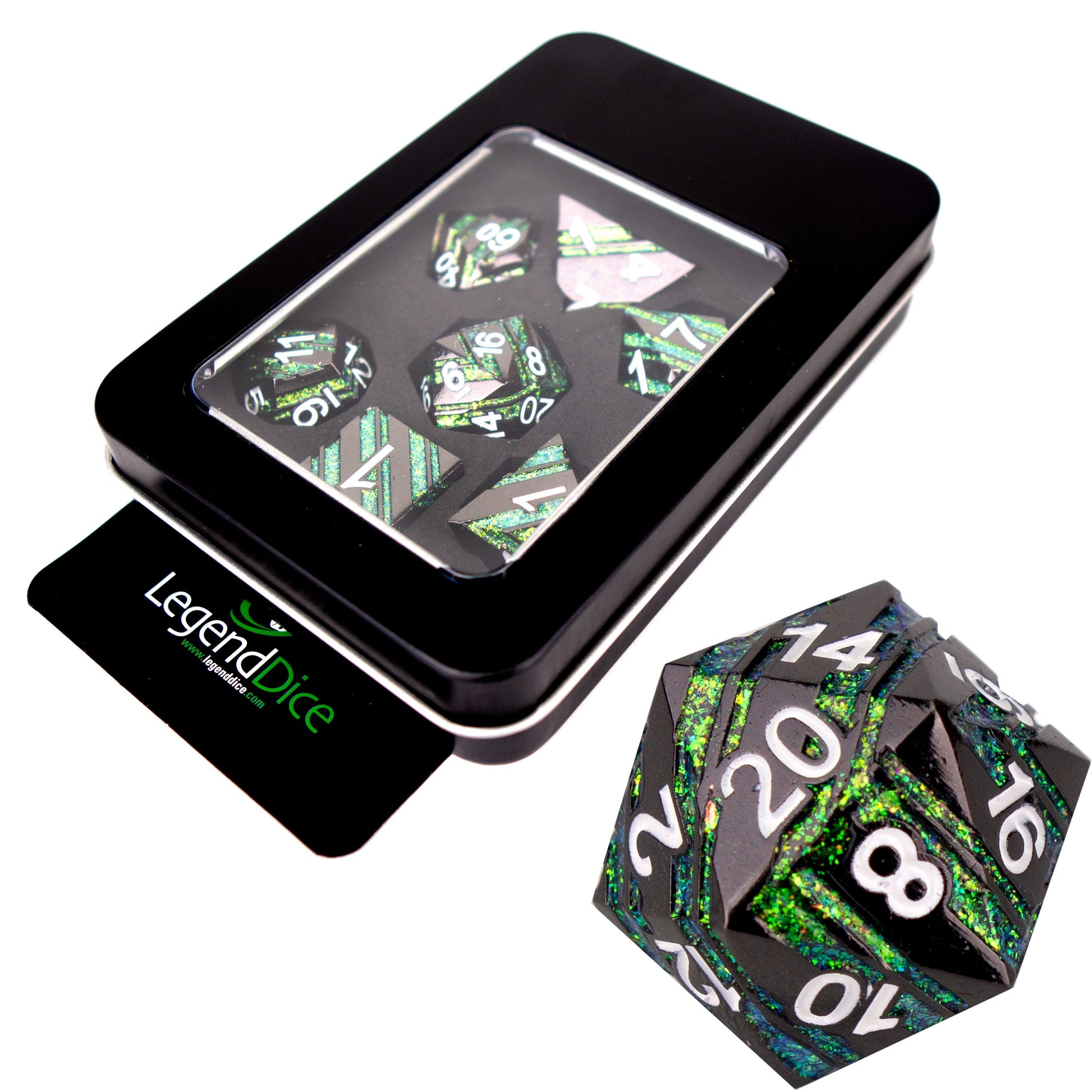 Poly Dice Set - Metal - Strata Black with Green, Display Tin