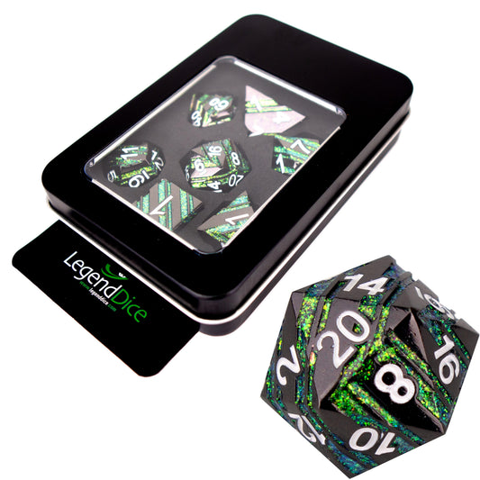 Poly Dice Set - Metal - Strata Black with Green, Display Tin