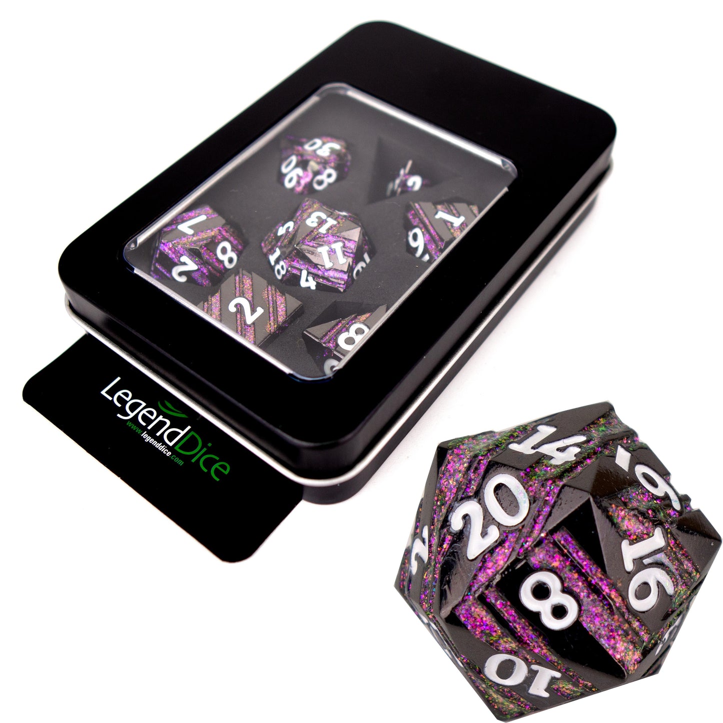 Poly Dice Set - Metal - Strata Black with Purple, Display Tin