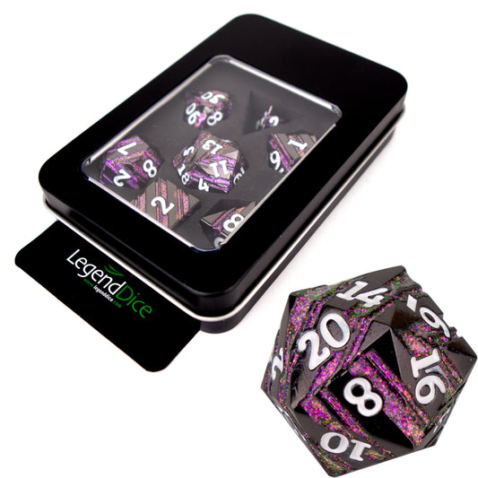 Poly Dice Set - Metal - Strata Black with Purple, Display Tin