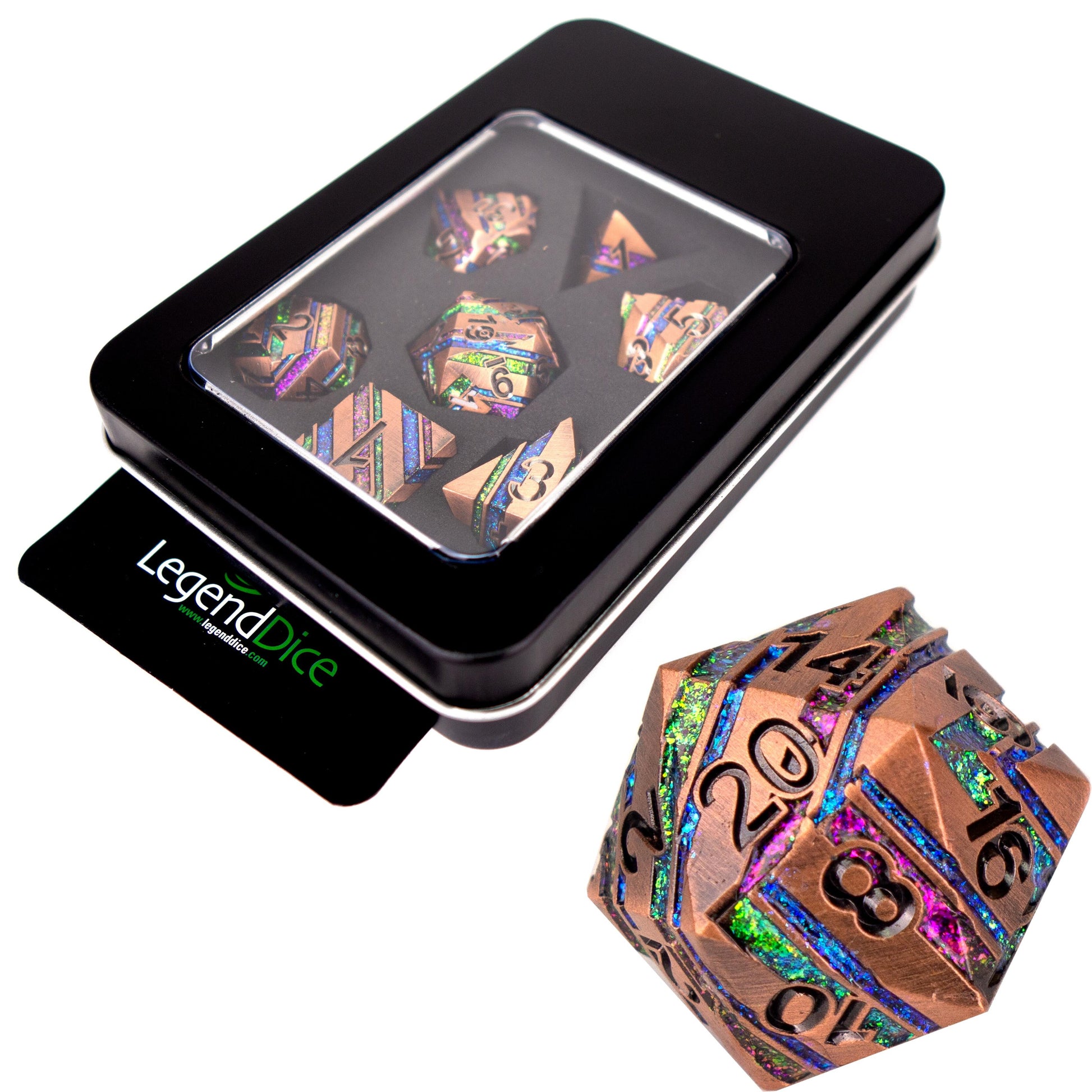 Poly Dice Set - Metal - Strata Copper Rainbow, Display Tin
