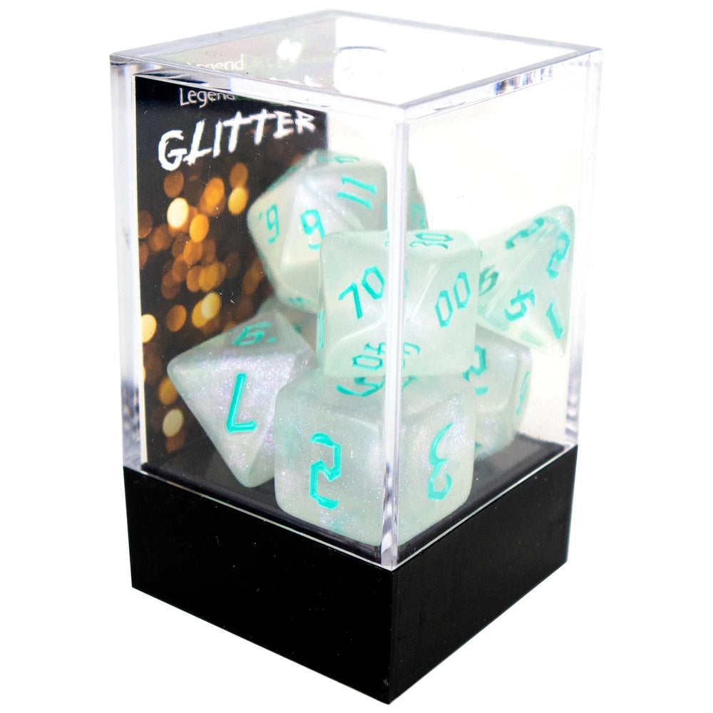 Legend Dice - Boxed Display - Poly Dice Set - Glitter - Shimmer (Teal Writing)